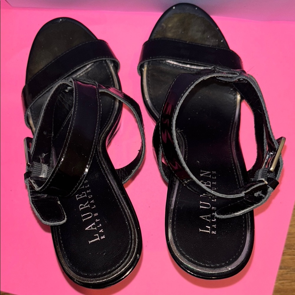 EUC Lauren Ralph Lauren Black Patent Leather Heels with Strap Around Ankle - Picture 6 of 7